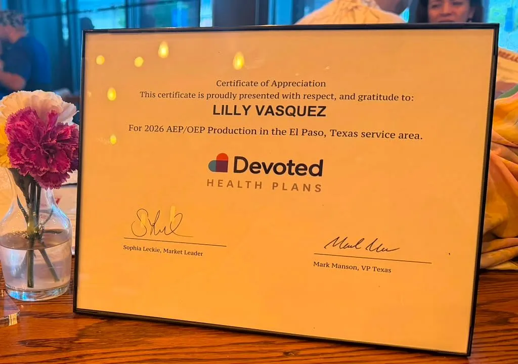 Certificate of Appreciation de Devoted Health Plans por la producción AEP/OEP 2026 en El Paso