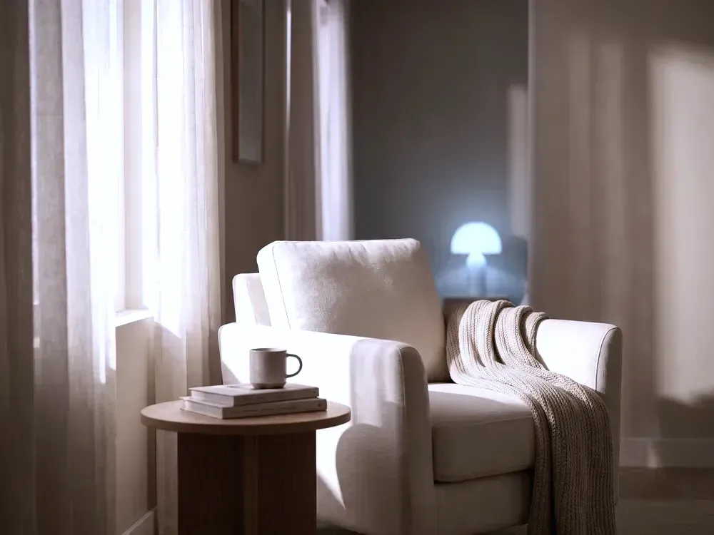 Calm home corner with soft blue light, ACA Obamacare health plans